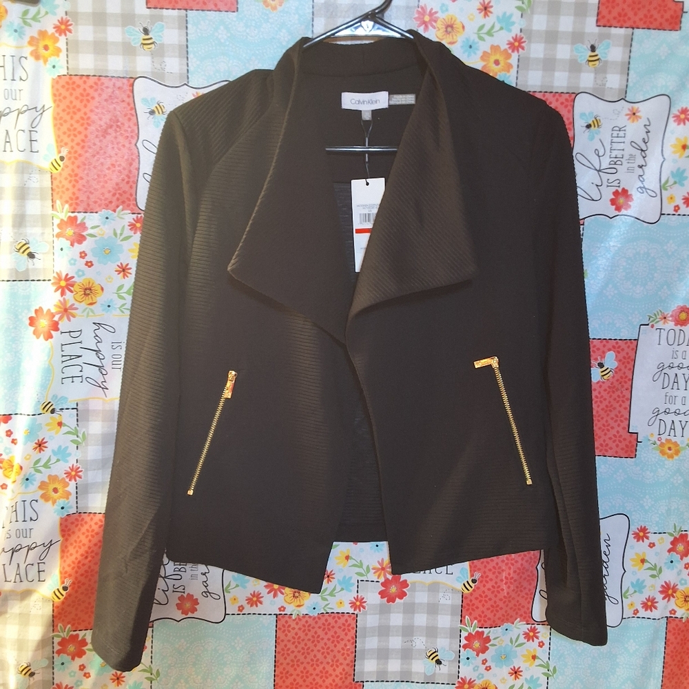 NWT CALVIN KLEIN TEXTURED FLY A WAY JACKET ZIP POCKETS - Picture 2 of 9